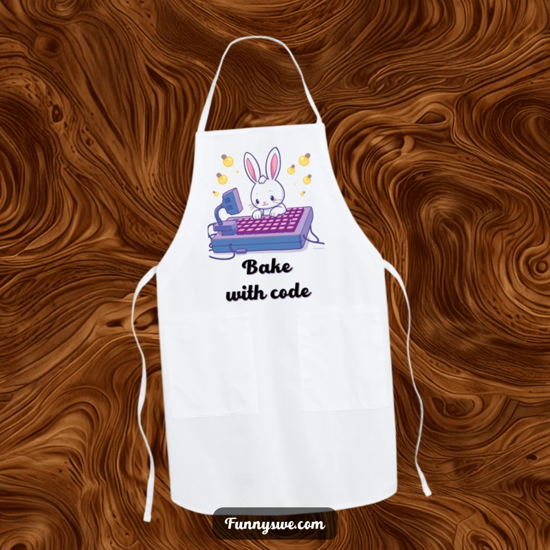 Funny apron depicting a Kawaii rabbit coding on a giant keyboard, symbolizing creativity and kitchen humor.