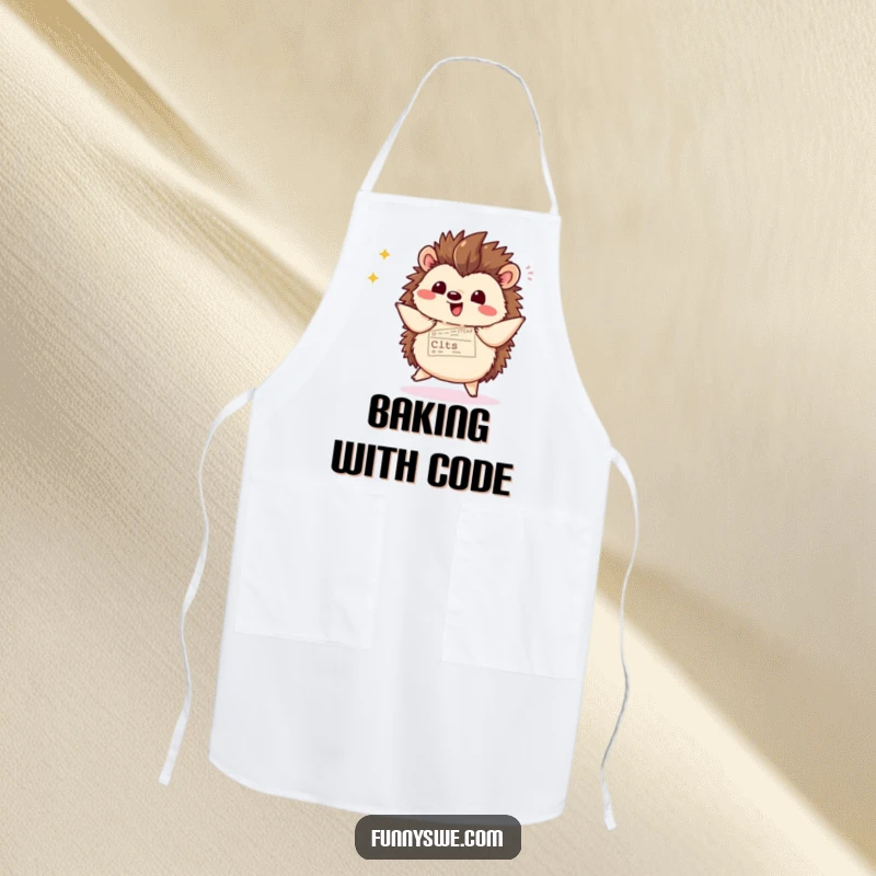 Funny kawaii hedgehog chef apron, displaying website code with a flourish and dancing, ideal for kitchen or coding sessions.