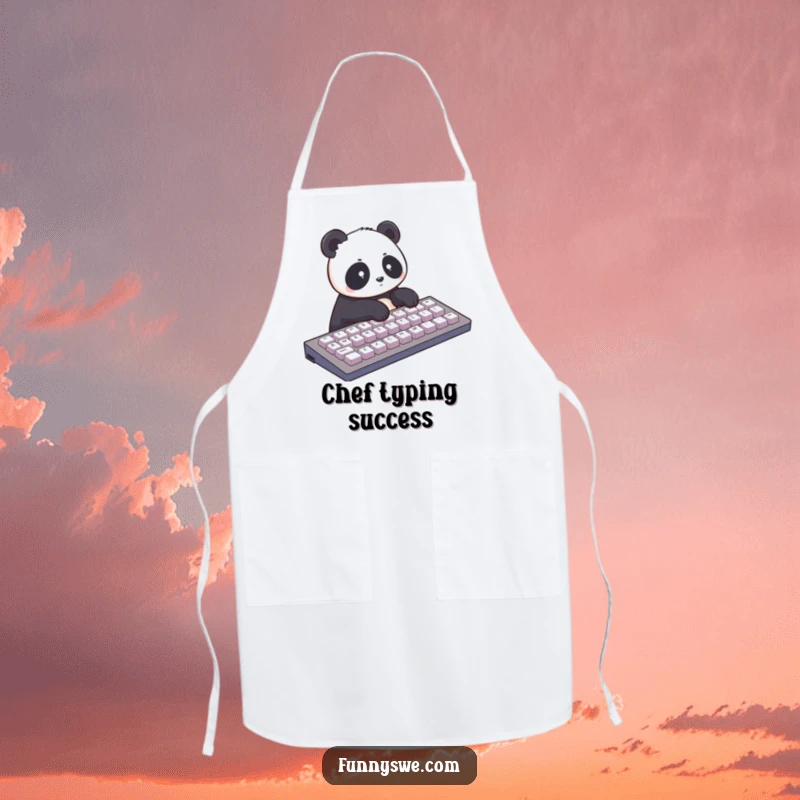 Funny apron featuring a panda rapidly typing on a giant keyboard. Useful and humorous kitchen wear.