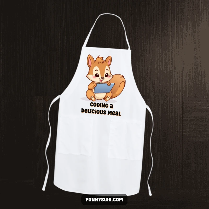 Funny Apron showcasing a playful squirrel character enthusiastically designing a website on a tablet, adding humor to kitchen tasks.