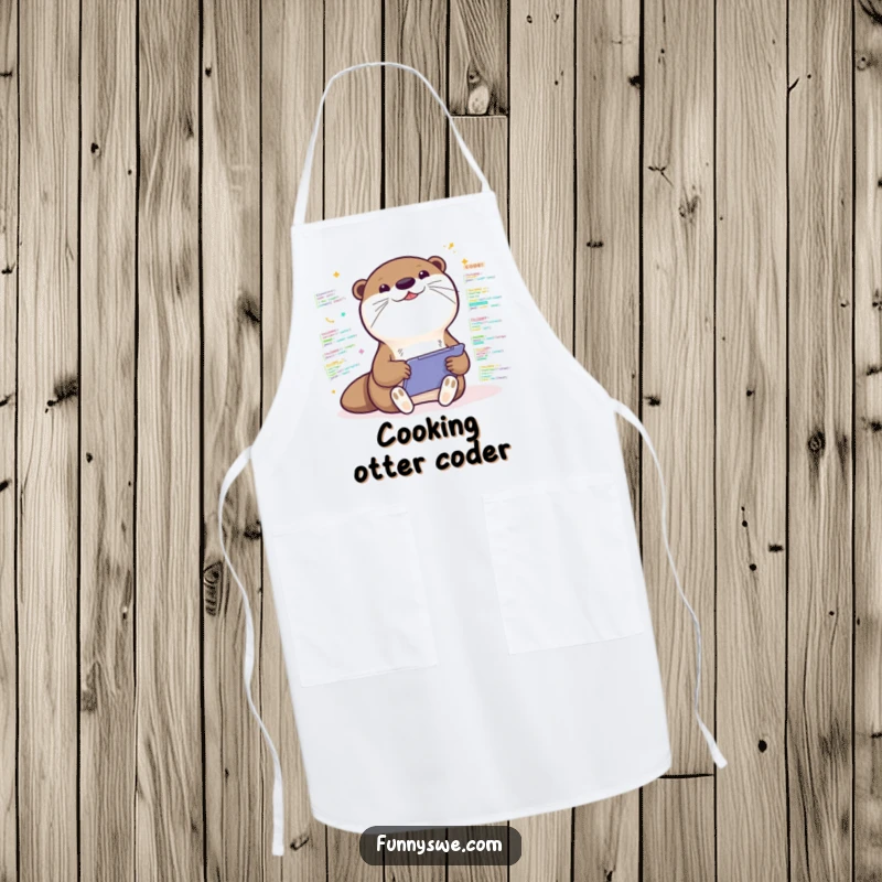 Funny apron depicting a Kawaii otter excitedly coding on a tablet, surrounded by colorful code, enthusiastic and functional.