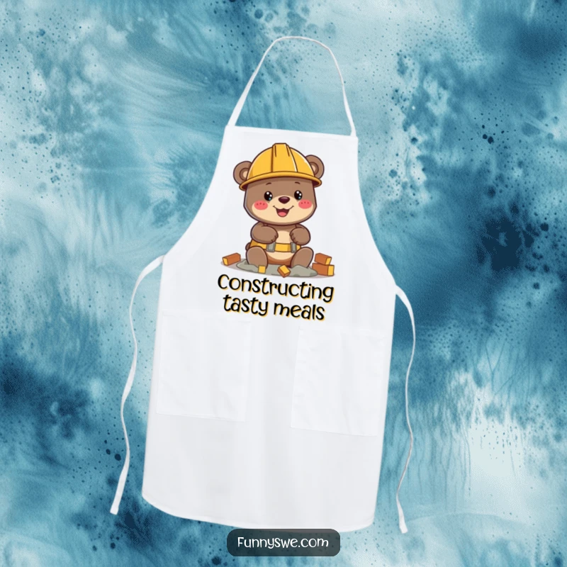 Funny bear character in hard hat, building virtual structure, durable apron, kitchen humor, perfect funny gift.