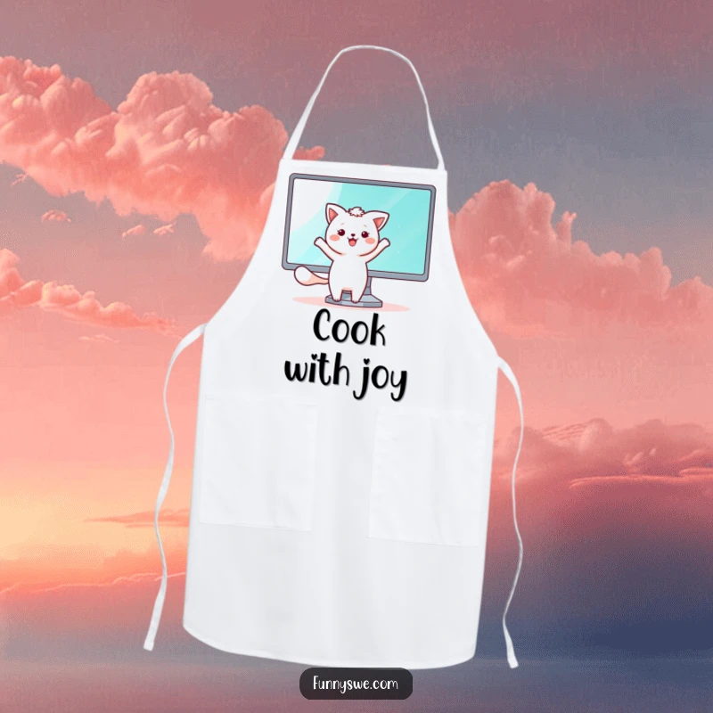 Funny apron featuring a kawaii animal character happily dancing beside a shining monitor screen, perfect for digital creators and tech lovers.