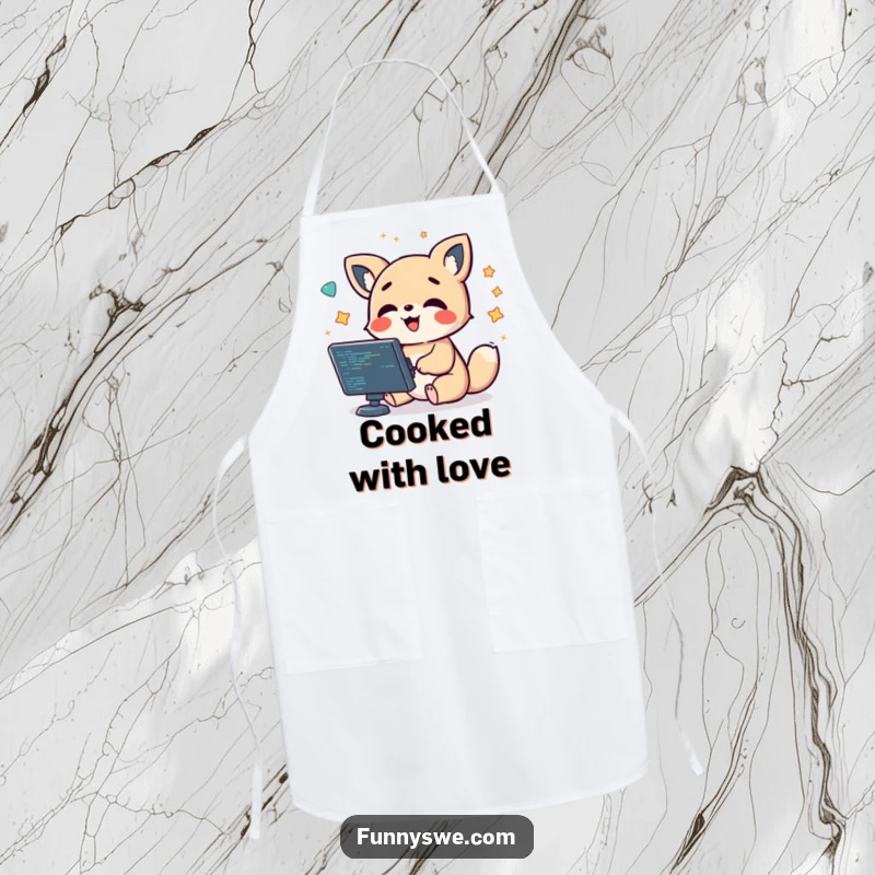 Funny kawaii animal character giggling while debugging code, floating symbols around, a humorous kitchen apron.