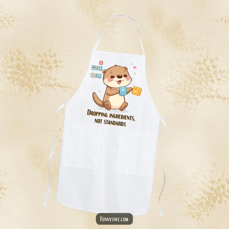 Funny Otter apron, playfully performing drag and drop actions, perfect for kitchen fun and culinary adventures.