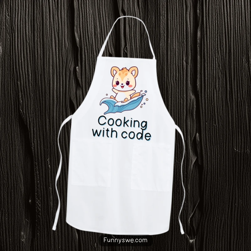 Funny apron showing a playful animal riding a swooshing wave of digital code, a humorous cooking gift.