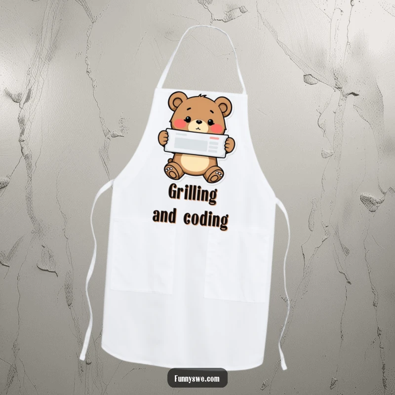 Funny bear web designer apron, a determined bear proudly showing off a finished website layout, ideal for kitchen adventures.