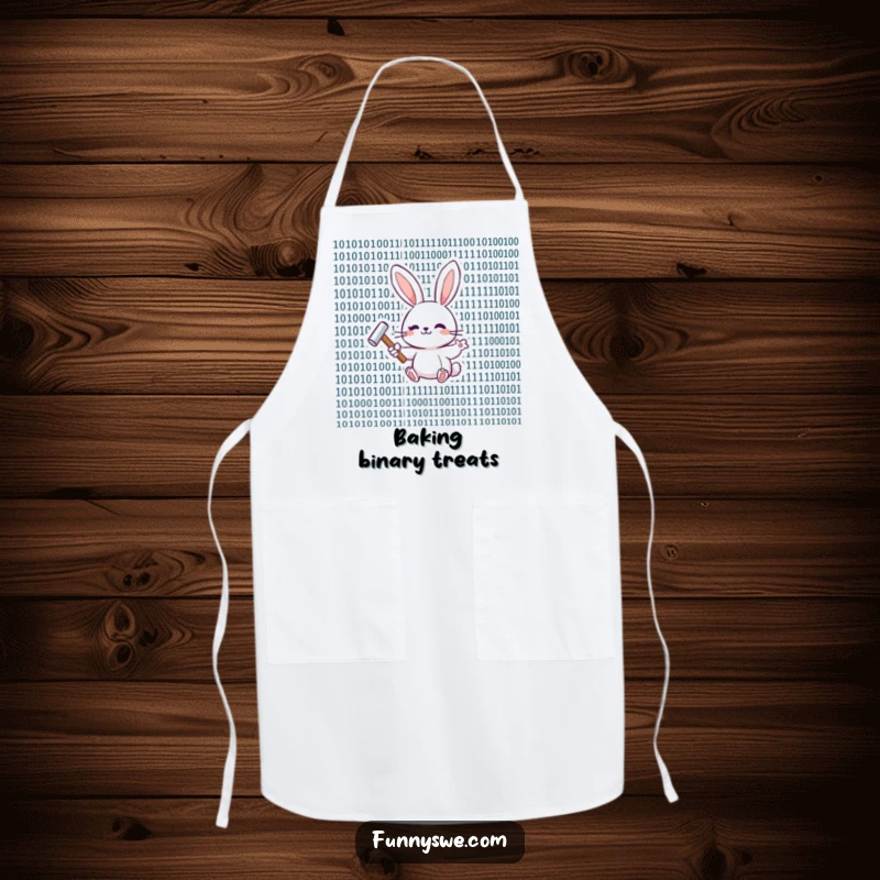 Funny happy bunny with a hammer, tapping binary code on an apron, perfect for the coding chef.