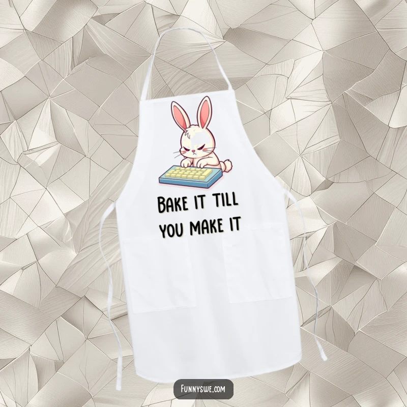 Funny bunny coder wearing an apron, furiously typing on a glowing keyboard, highlighting multitasking skills in the kitchen or office.