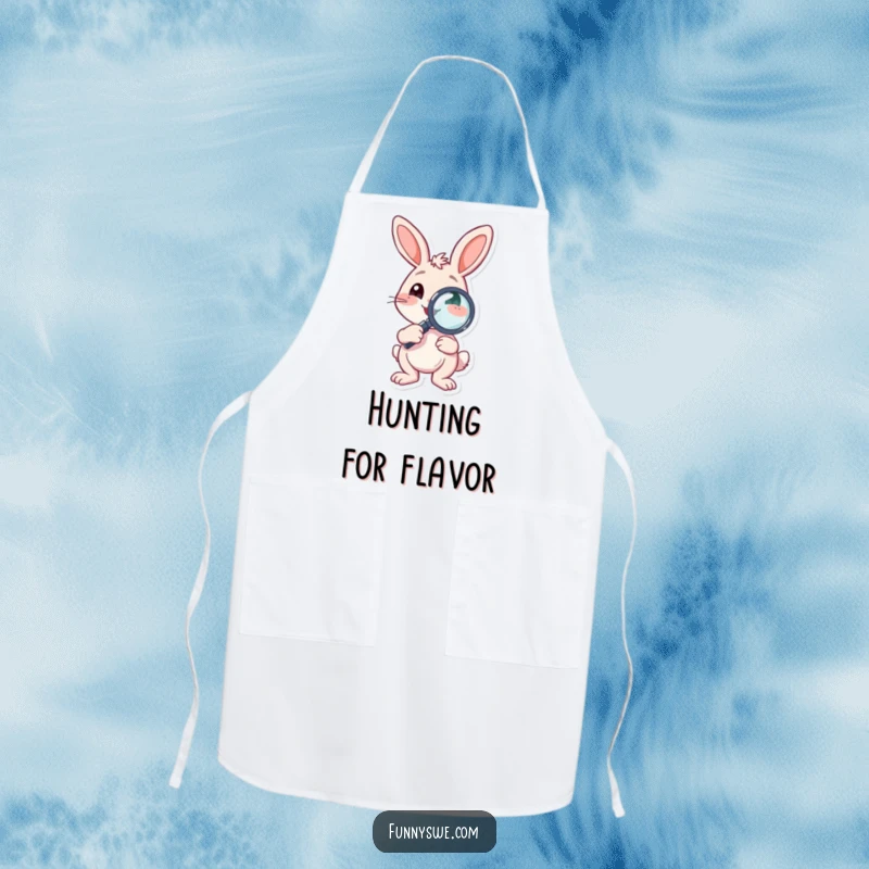 Funny Apron showcasing a bouncing bunny character holding a debugging magnifying glass, adding humor to kitchen tasks.