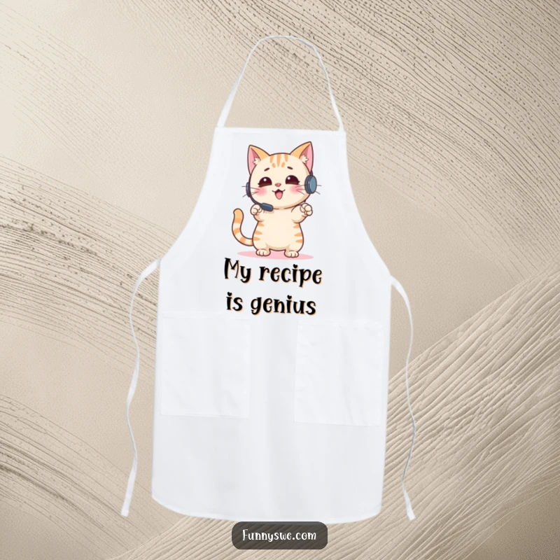 Funny Cat Apron: An enthusiastic cat wearing a headset gestures at a screen while cooking, a humorous kitchen accessory and funny gift.