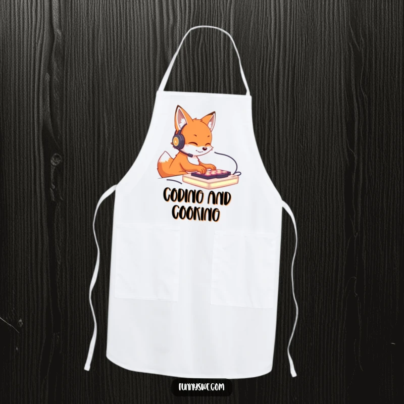 Funny apron illustration of a cute fox wearing a headset, typing on a luminous keyboard, bringing gaming fun to the kitchen.