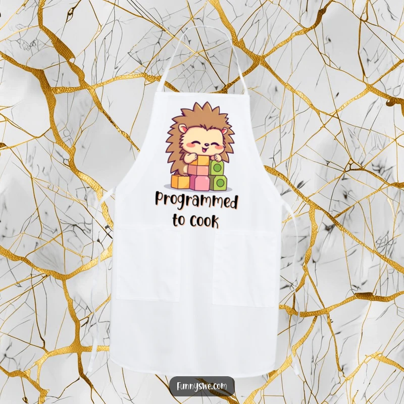 Funny hedgehog character concentrating on stacking hexagonal code blocks, featured on a humorous kitchen apron.