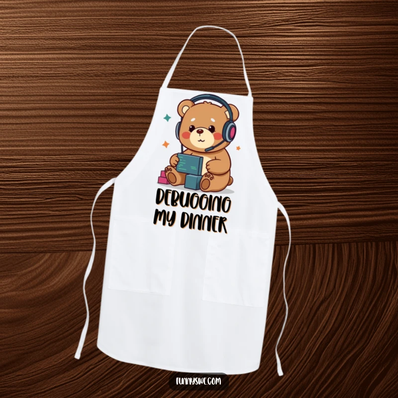 Funny Kawaii bear developer apron, wearing headphones, dragging code blocks, perfect for kitchen or coding.