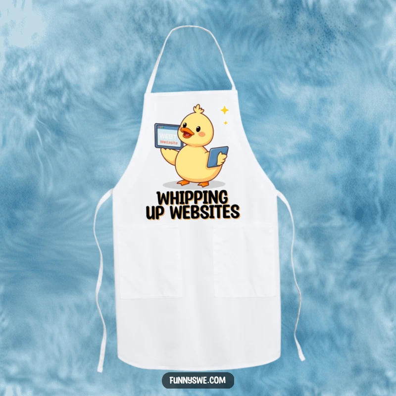 Funny kawaii duck chef apron, cheerfully creating a website with a screen flying, ideal for kitchen or creative endeavors.