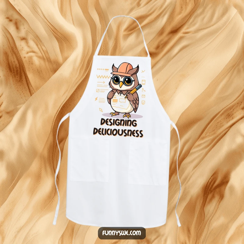 Funny apron showing a Kawaii owl architect drawing a website layout, perfect for creative kitchen endeavors.