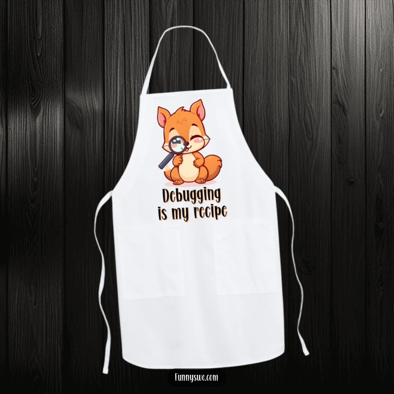 Funny kawaii squirrel chef apron, winking as it tests a website with a magnifying glass, ideal for kitchen or coding sessions.