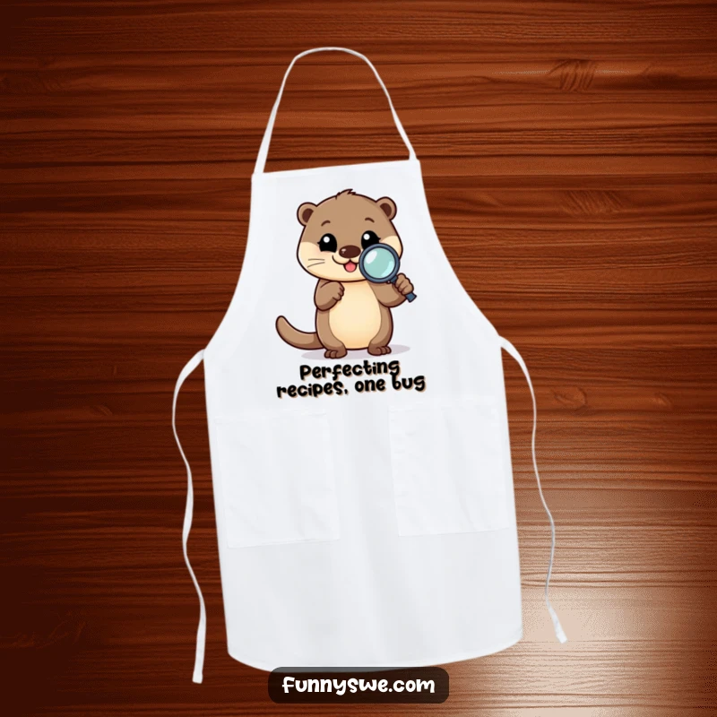 Funny Otter Chef Apron: Happy otter character with a magnifying glass, adding humor to kitchen tasks.