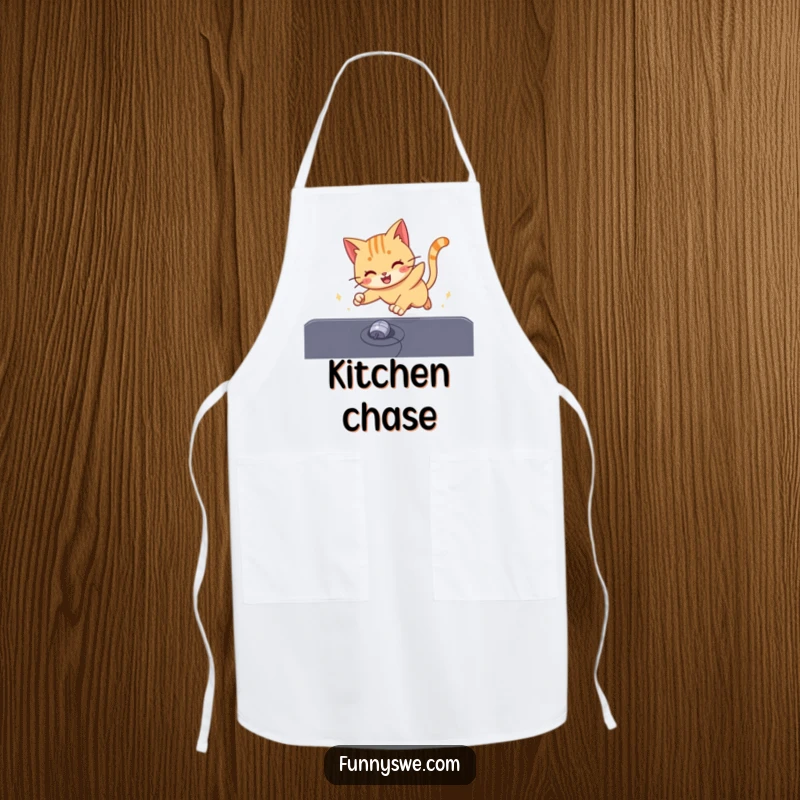 Funny cat energetically chasing a computer mouse cursor across a screen, a humorous apron for kitchen fun.