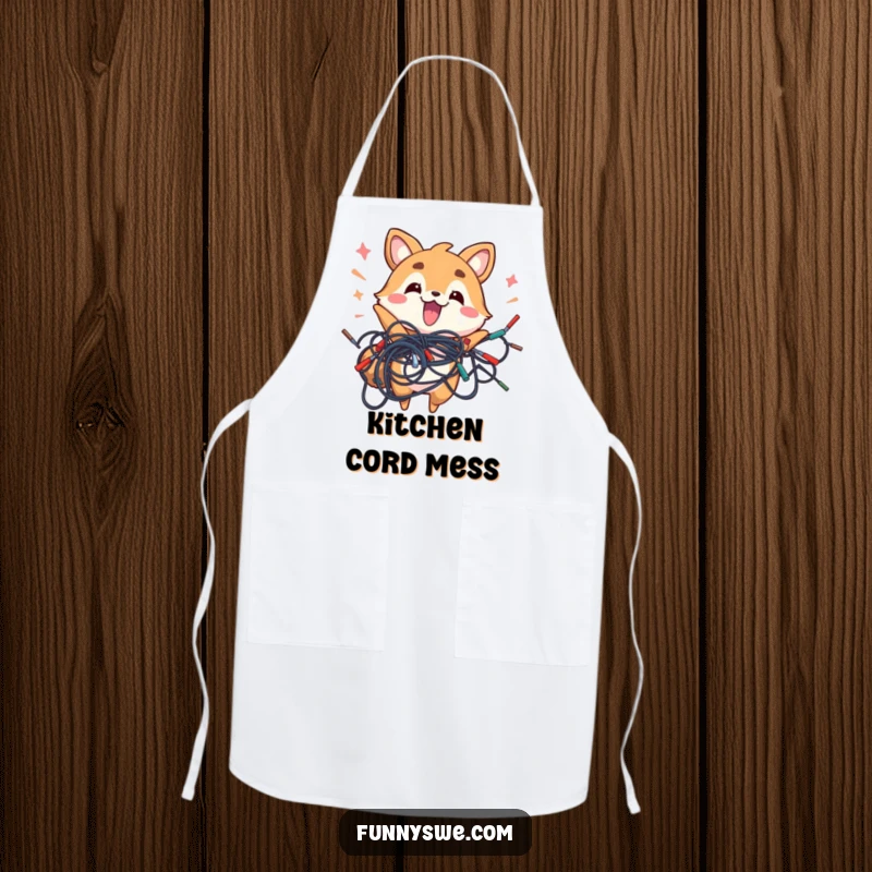 Funny apron showing an energetic animal holding a tangled mass of wires, a humorous cooking gift.