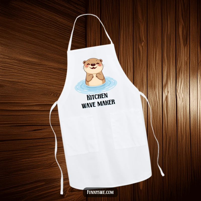 Funny otter apron showing a smiling aquatic mammal testing website responsiveness with a water ripple, ideal for humorous culinary tasks.