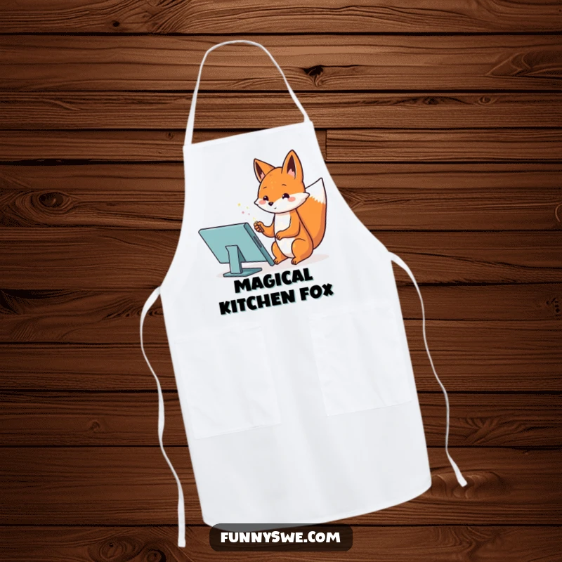Funny apron depicting a Kawaii fox using a magic wand on a tablet to create a website, whimsical and functional.