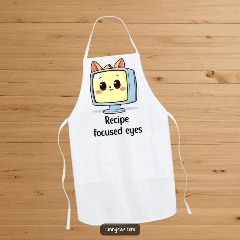 Funny apron showing a curious animal with wide eyes looking at a glowing computer monitor, a tech gift.