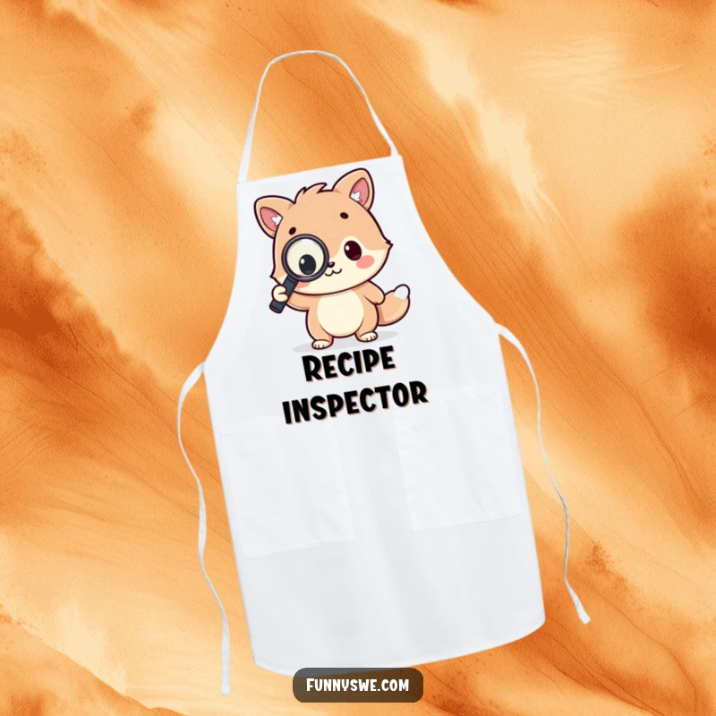 Funny apron featuring a kawaii animal character triumphantly holding a magnifying glass over a line of code, perfect for kitchen coders.