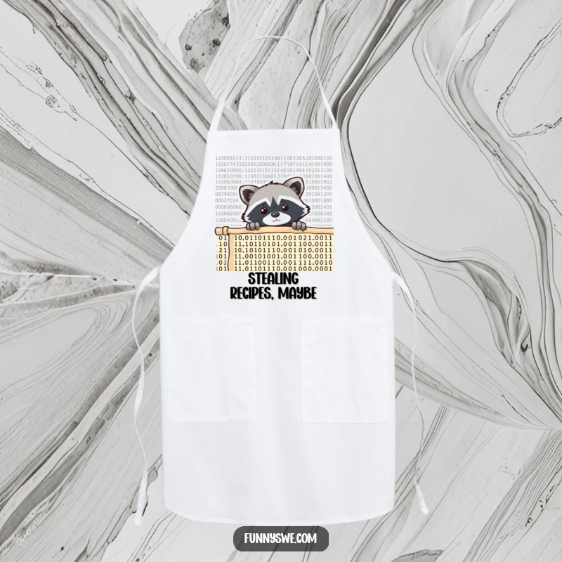 Funny raccoon coder apron, a curious raccoon peeking over a wall of scrolling code, perfect for kitchen exploration.