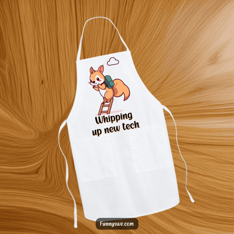 Funny Squirrel Apron: A determined squirrel with a backpack climbs a ladder towards a cloud icon while cooking, a humorous kitchen accessory and funny gift.