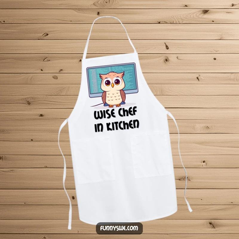 Funny Apron showcasing a curious owl character looking at code on a giant monitor, adding humor to kitchen tasks.