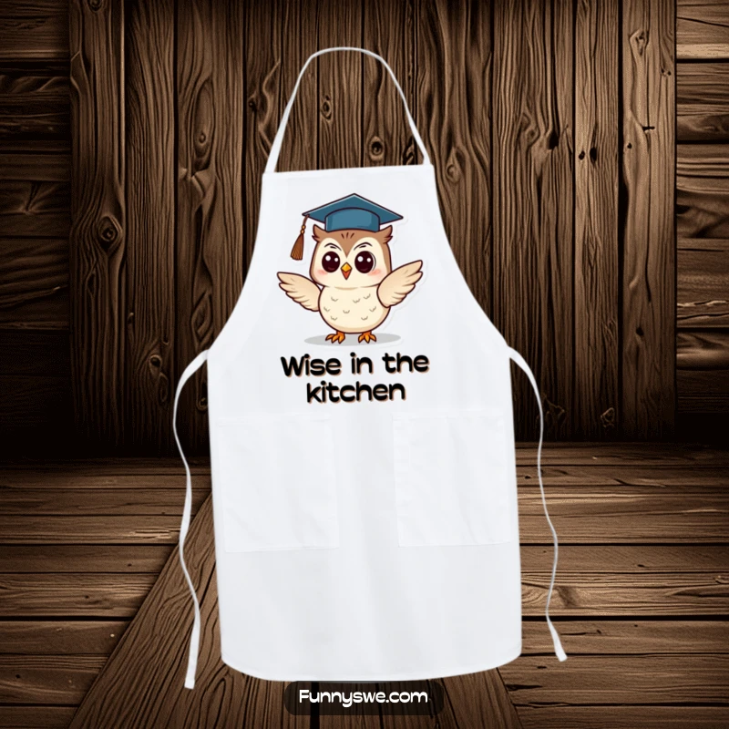 Funny Owl Apron: A cheerful owl wearing a graduation cap confidently presents information while cooking, a humorous kitchen accessory and funny gift.