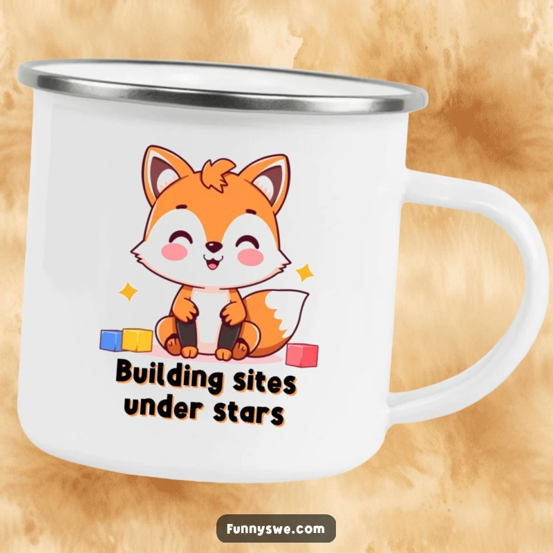Funny Fox Web Dev Camping Mug: Cheerful fox with colorful blocks, perfect for outdoor design enthusiasts.
