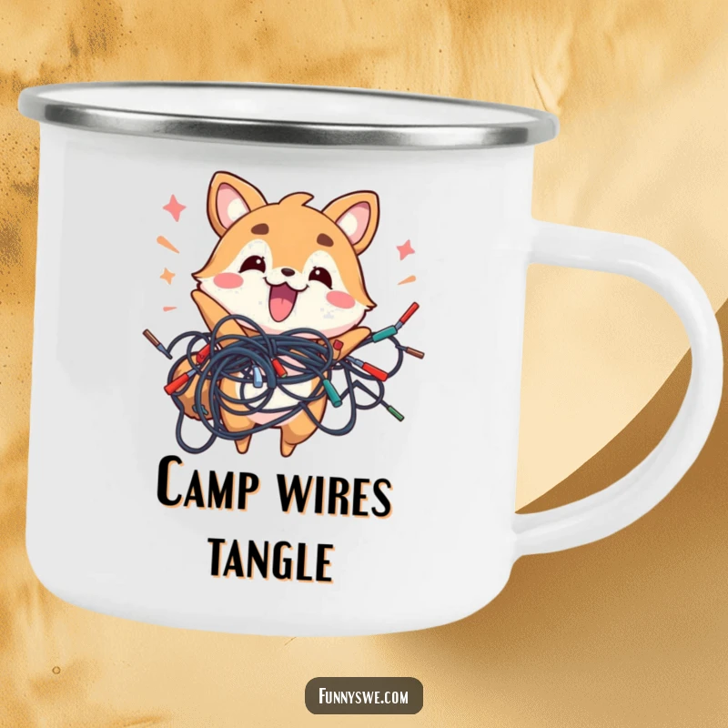 Funny camping mug with an energetic animal holding a tangled mess of wires, an adventurous tech gift.