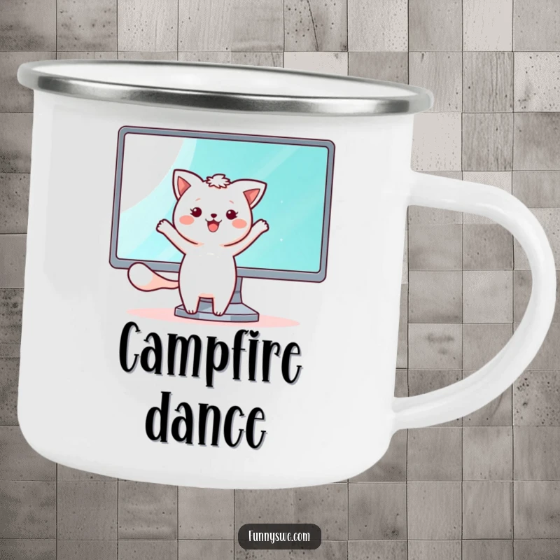 Funny camping mug featuring a kawaii animal character happily dancing beside a shining monitor screen, ideal for outdoor tech enthusiasts.