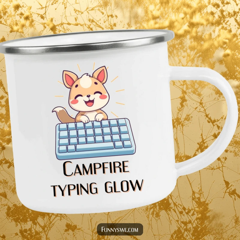 Funny camping mug with a cheerful animal typing on a luminous keyboard, radiating light, an adventurous gift.