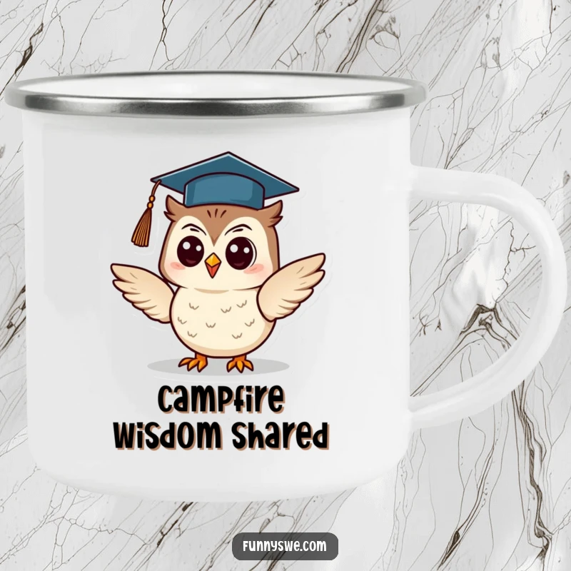 Funny Owl Camping Mug: A cheerful owl with a graduation cap presents information in a nature setting, bringing academic humor outdoors, a great funny gift.