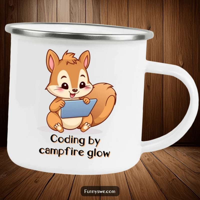 Funny Camping Mug with a playful squirrel character enthusiastically designing a website on a tablet, ideal for outdoor tech enthusiasts.