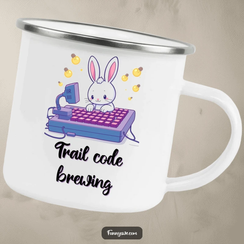 Funny enamel camping mug with a Kawaii rabbit coding on a giant keyboard, representing inspiration and outdoor humor.