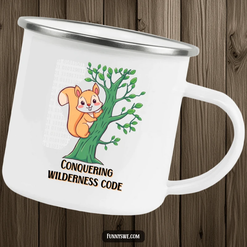 Funny Squirrel Binary Camping Mug: An energetic squirrel climbs a binary code tree, bringing humor to outdoor coding sessions.