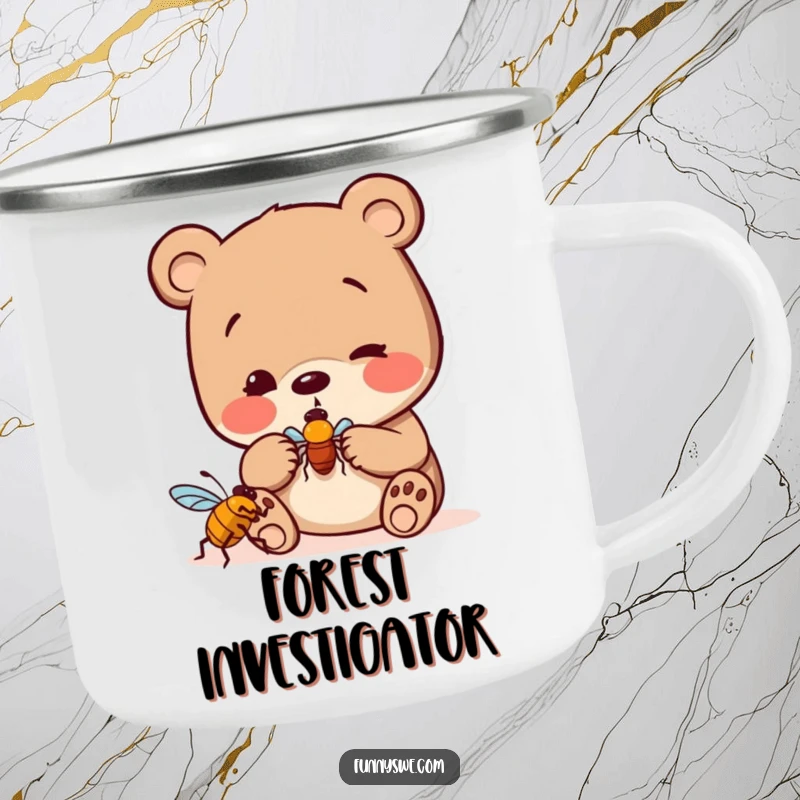 Funny bear bug hunter camping mug, depicting a curious bear playfully examining a digital bug icon, great for outdoor enthusiasts.
