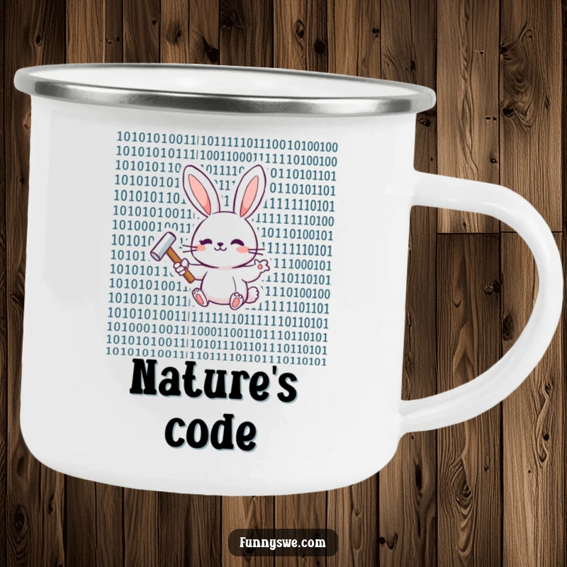 Funny bunny with a hammer, tapping binary code on a durable camping mug for outdoor coding.