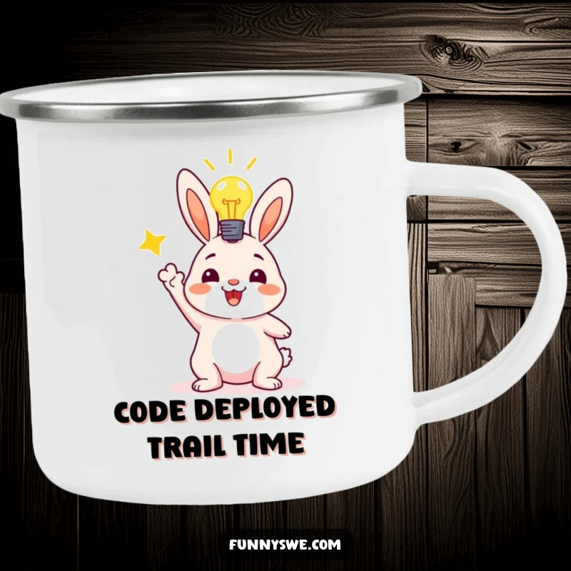 Funny camping mug with a happy bunny character, lightbulb overhead, celebrating a successful code deployment, perfect for outdoor enthusiasts.