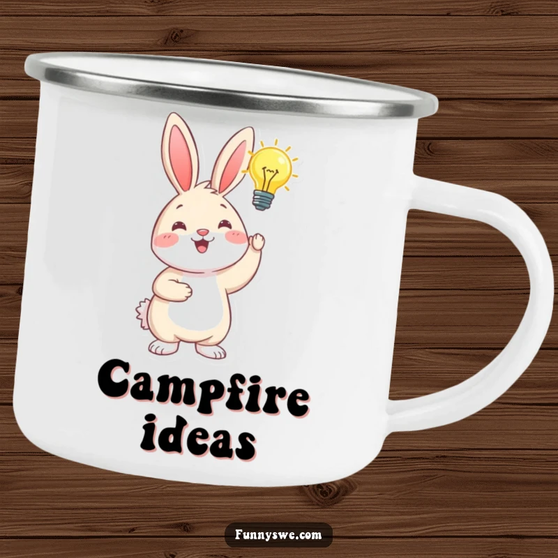 Funny happy bunny holding a glowing lightbulb overhead, symbolizing inspiration, a humorous and durable camping mug.
