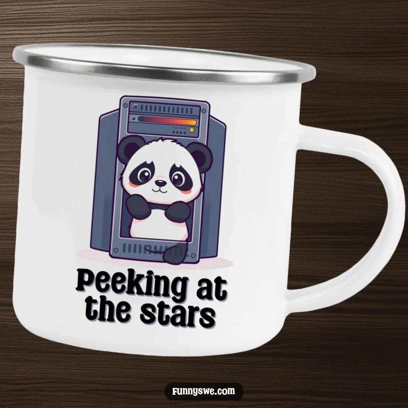 Funny Panda camping mug, curiously peeking out from behind a giant server rack, perfect for outdoor adventures.