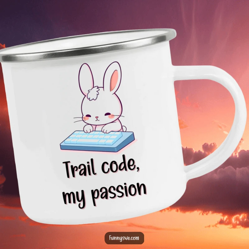 Funny Rabbit Coder Camping Mug: Cute rabbit character typing on a keyboard, durable humor for outdoor coding adventures.