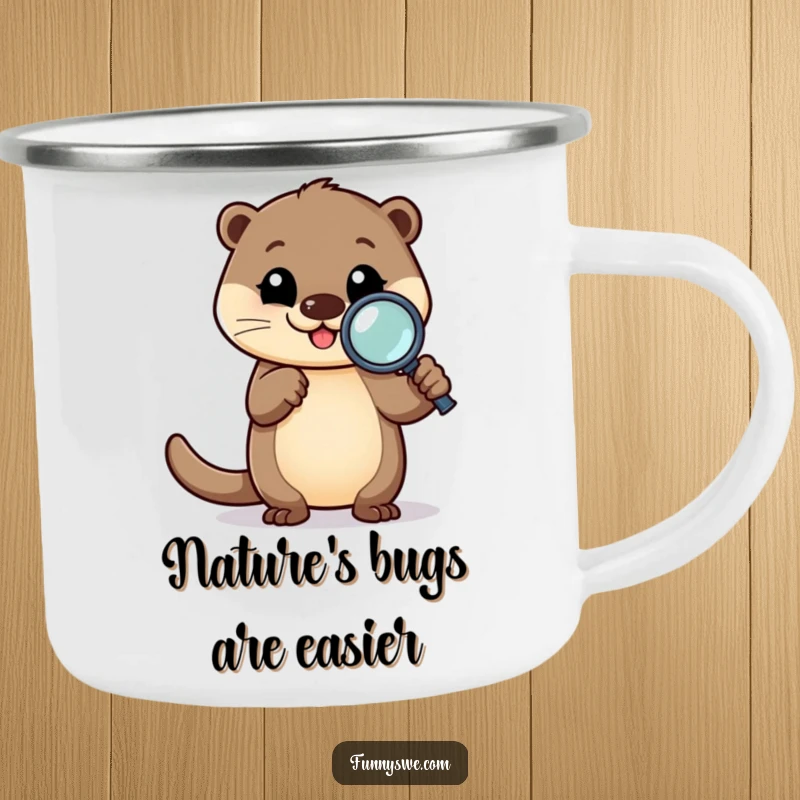 Funny Otter Debugging Camping Mug: Happy otter with a magnifying glass, perfect for outdoor coding enthusiasts.
