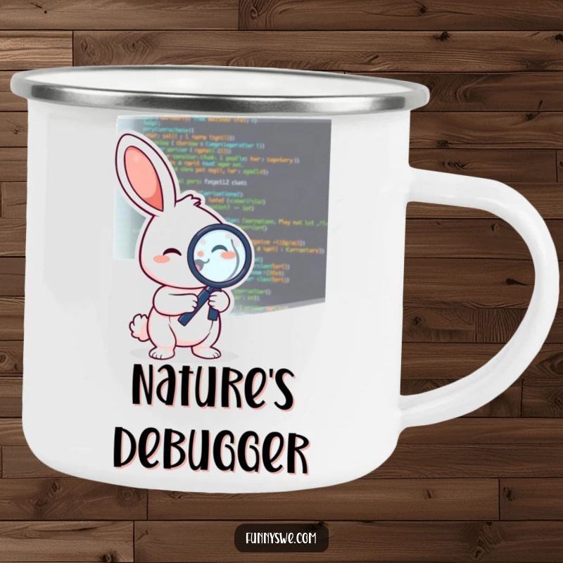 Funny camping mug showing a cheerful rabbit character examining code with a magnifying glass, bringing debugging humor outdoors.
