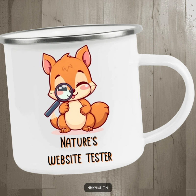 Durable funny kawaii squirrel enamel camping mug, winking while testing a website, perfect for sipping coffee or tea outdoors.