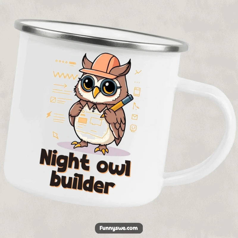 Funny camping mug featuring a Kawaii owl architect drawing a website layout, ideal for creative minds outdoors.